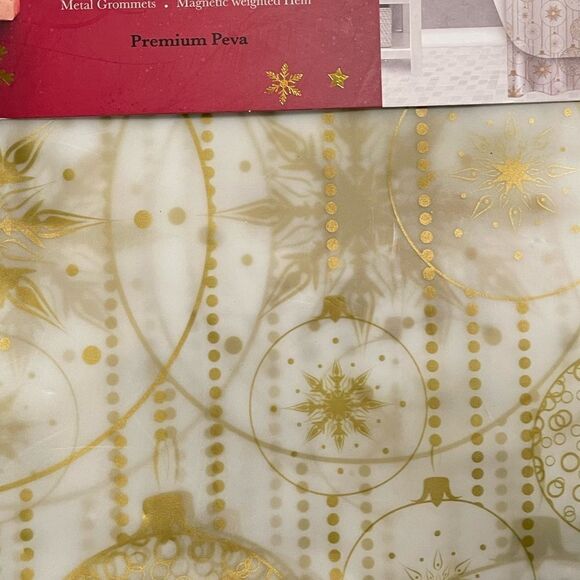 Shower Curtain 2 Piece Set Gold Metallic Holiday Ornaments Vinyl 72x72” NWT - Picture 5 of 10